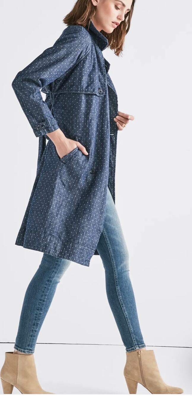 Lucky Brand Polka Dot Denim Jean Trench Coat Jacket Blue White Belted NWT Size S